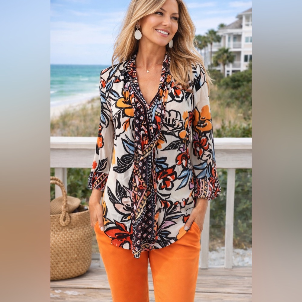 Anthro’s Fig & Flower,Fun,Funky & Fabulous,Lightweight Tie-Neck Blouse,Size M